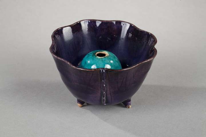 Small "Surprise" bowl in biscuit enamelled Aubergine and turquoise